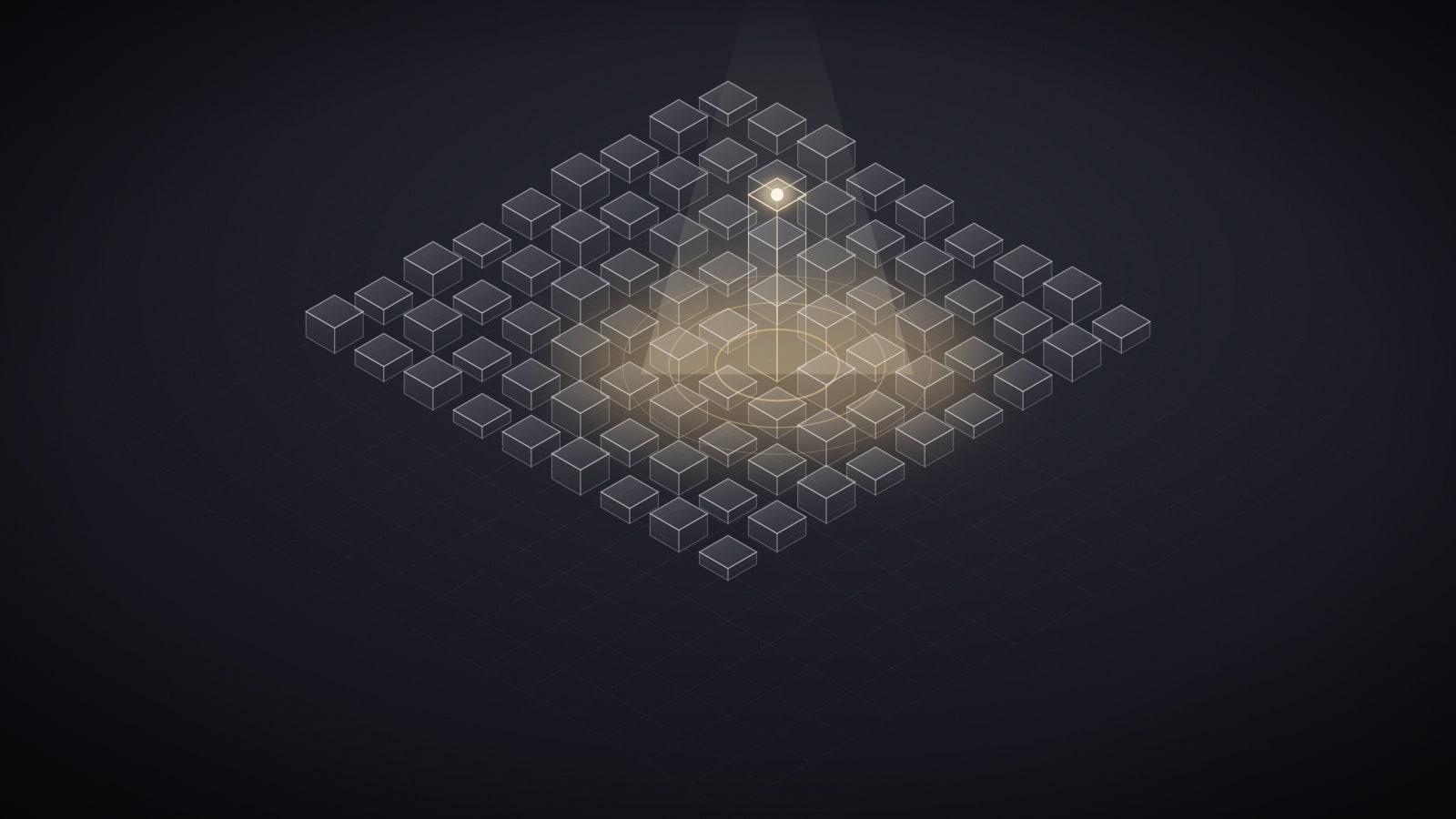 A grid of grey cubes with a single cube lit from above by a gold spotlight