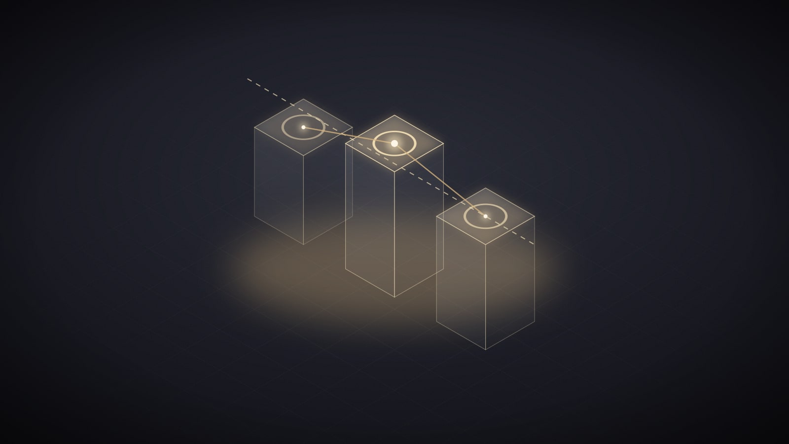 Three glass pillars of different heights compared against a dashed gold level line