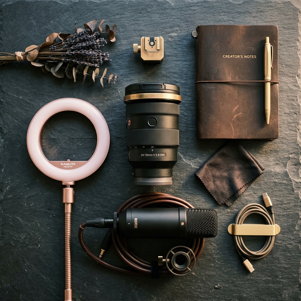 Professional webcam equipment and studio lighting setup