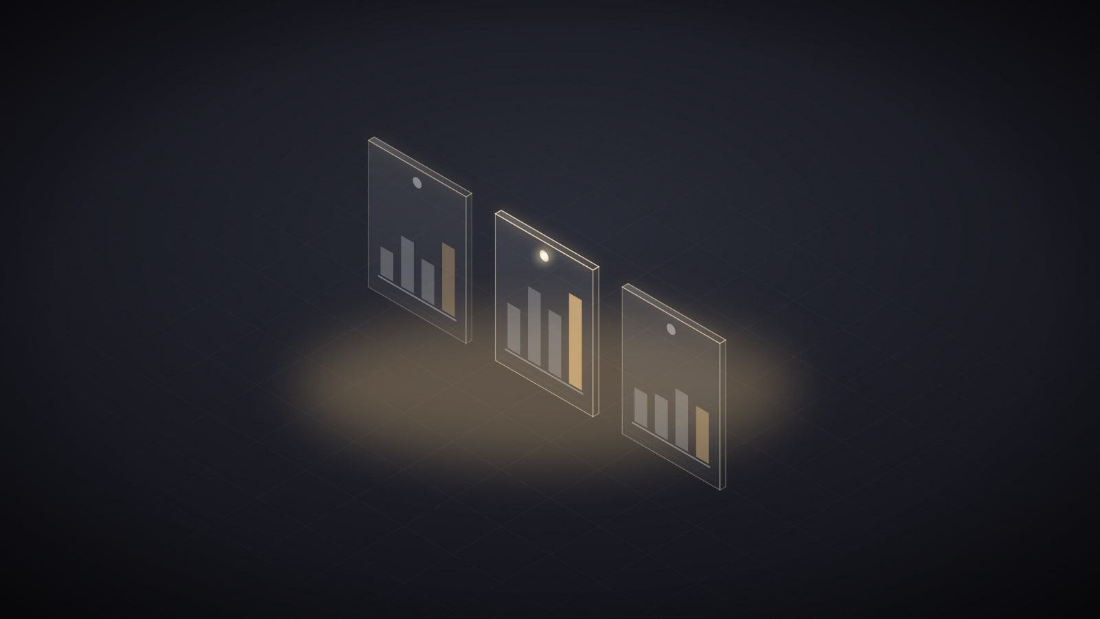 Three glass panels with bar charts on a dark grid, the middle panel lit in gold